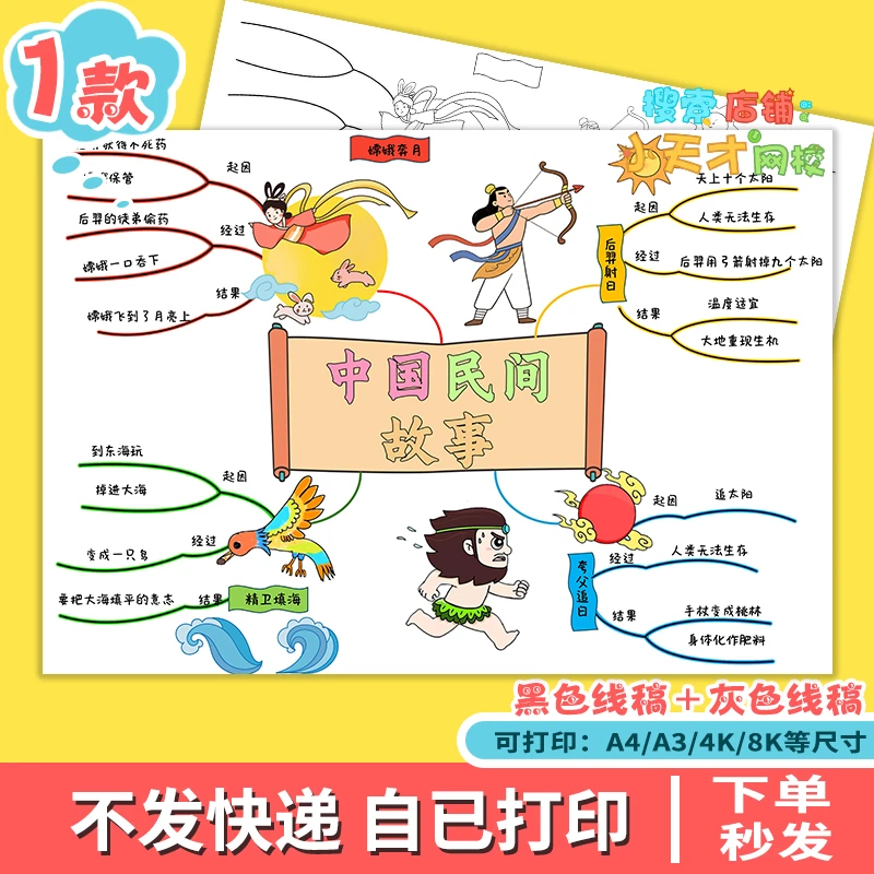 中国民间故事思维导图手抄报课外阅读好书推荐线稿读书卡f492