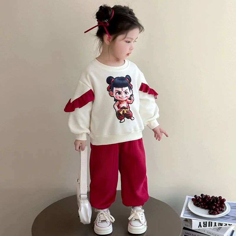 女童哪吒卫衣套装2025春秋儿童新款女宝宝运动两件套卡通潮酷衣服