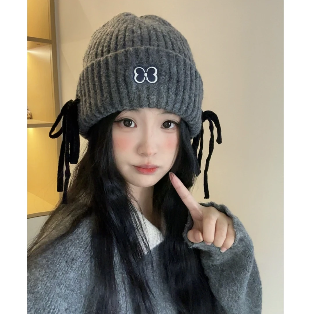 韩系蝴蝶结绑带显脸小针织帽大头围秋冬百搭潮流时尚保暖帽子