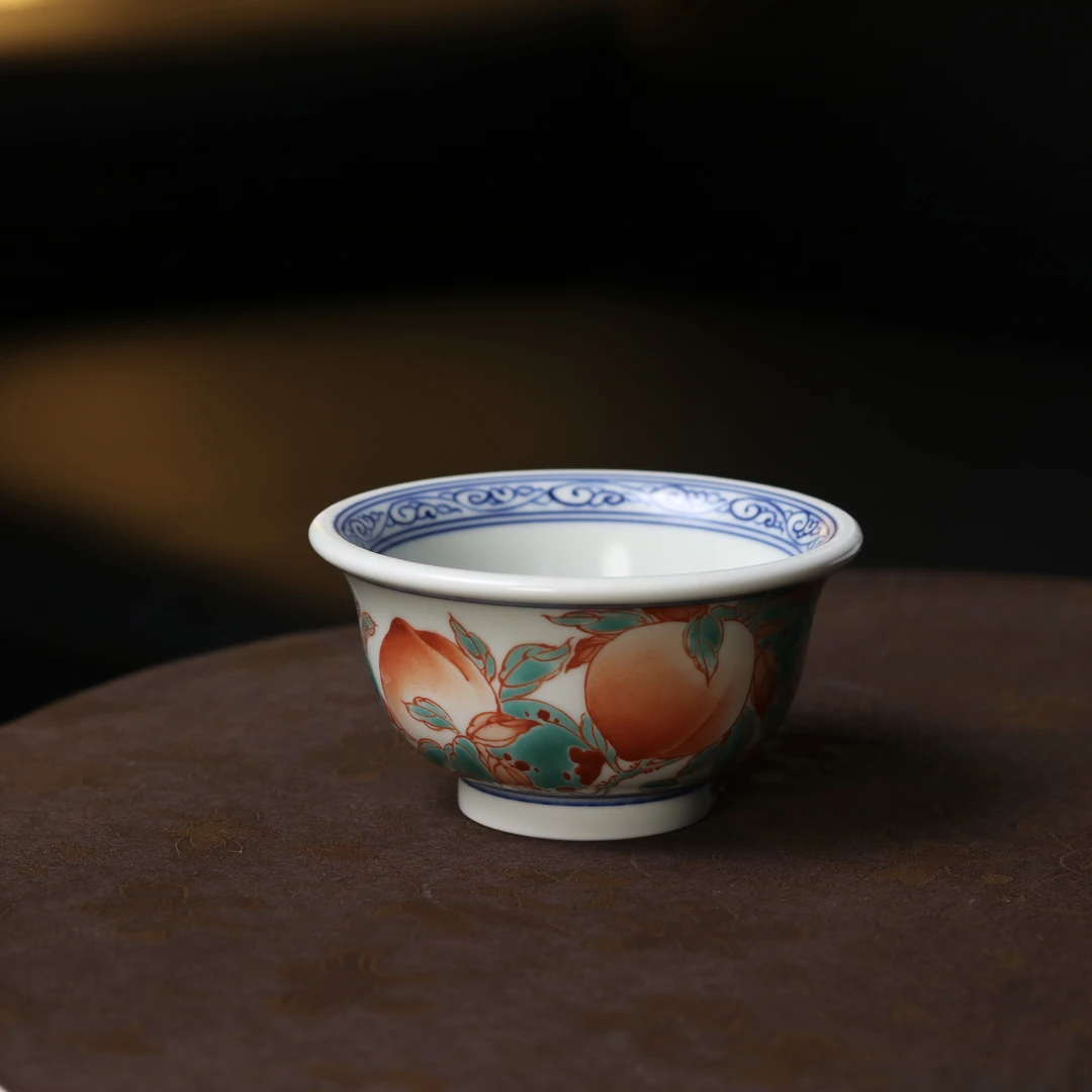 雨溪山房 景德镇手绘红绿彩寿桃桃子压手杯 茶道茶具 100cc