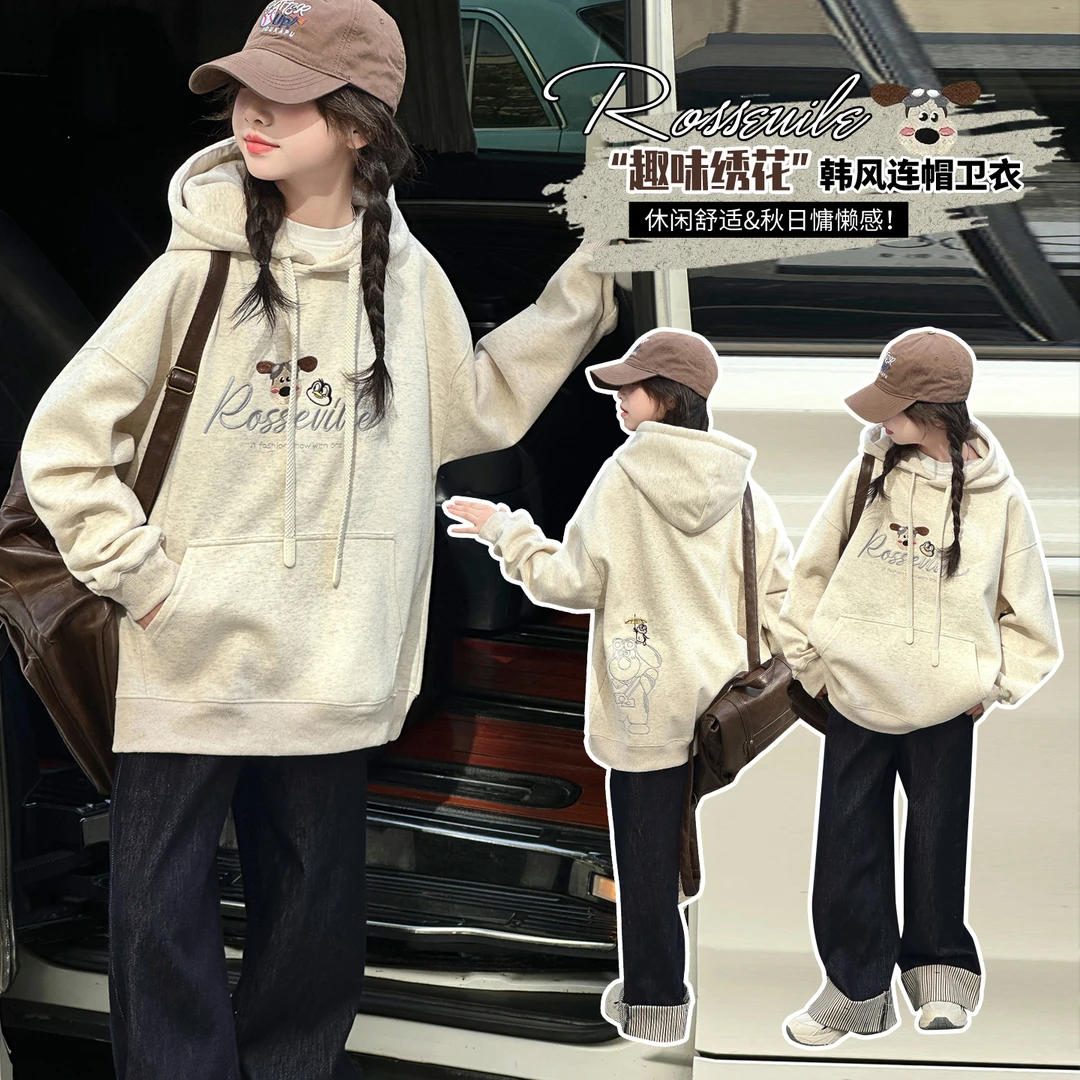 女童秋装卫衣套装2025新款爆款中大童春秋韩版连帽上衣休闲牛仔裤