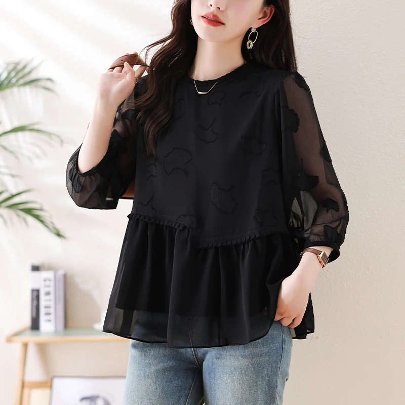 女装黑色乔其纱短袖女装2024秋季新款高档提花透气遮肉上衣