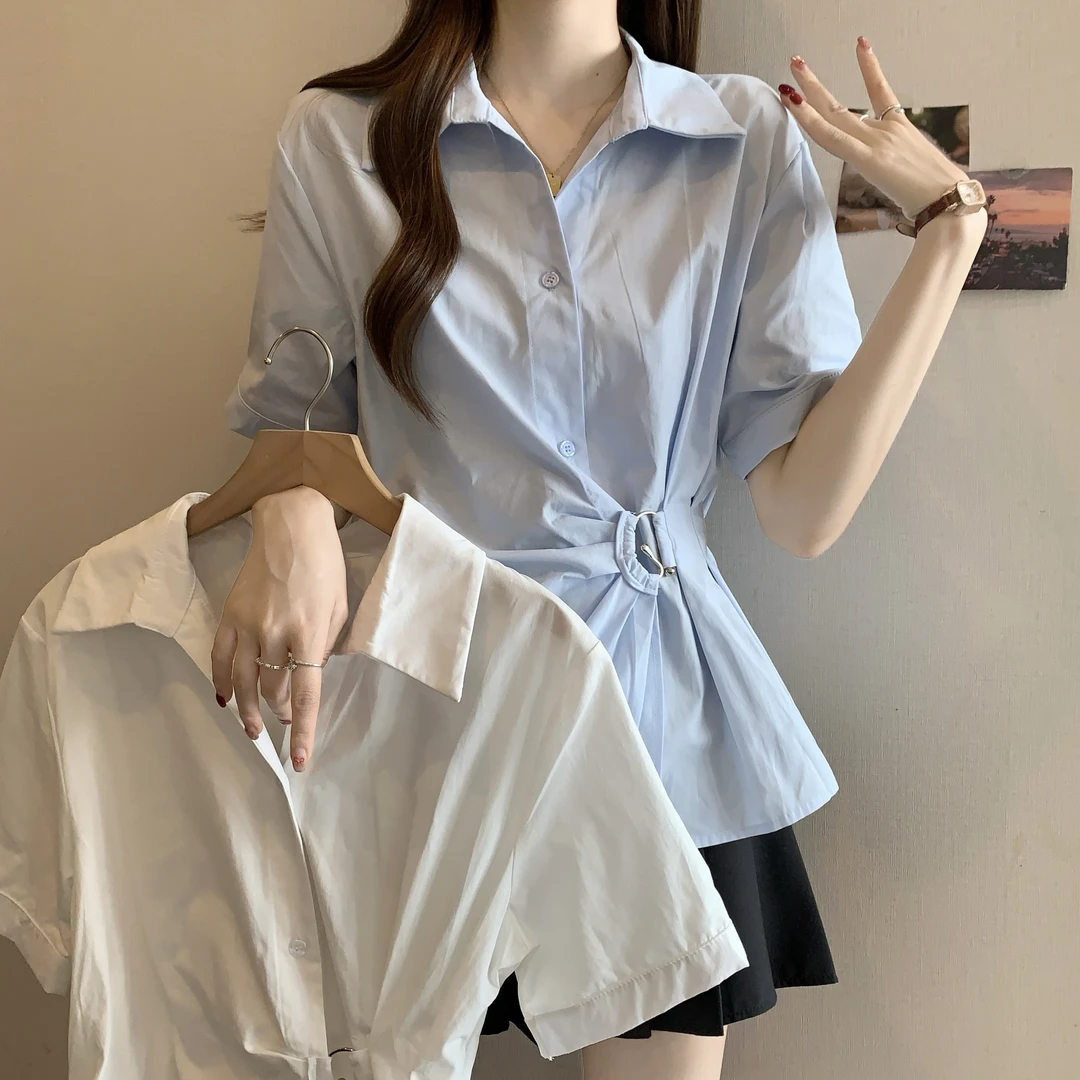 大码夏季法式翻领不规则设计感百搭收腰显瘦短袖上衣衬衫女7173