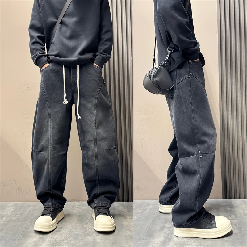 2025潮流水洗做旧痞帅秋冬美式复古男加绒加厚宽松阔腿弯刀牛仔裤