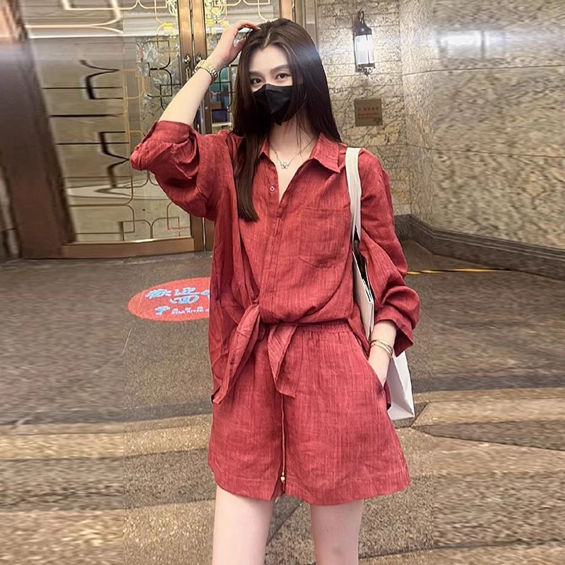 高端韩版休闲运动套装女2025夏季宽松洋气显瘦红色衬衫短裤两件套