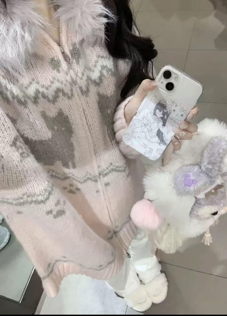 新款费尔岛猫咪提花毛领连帽开衫慵懒宽松秋冬加厚