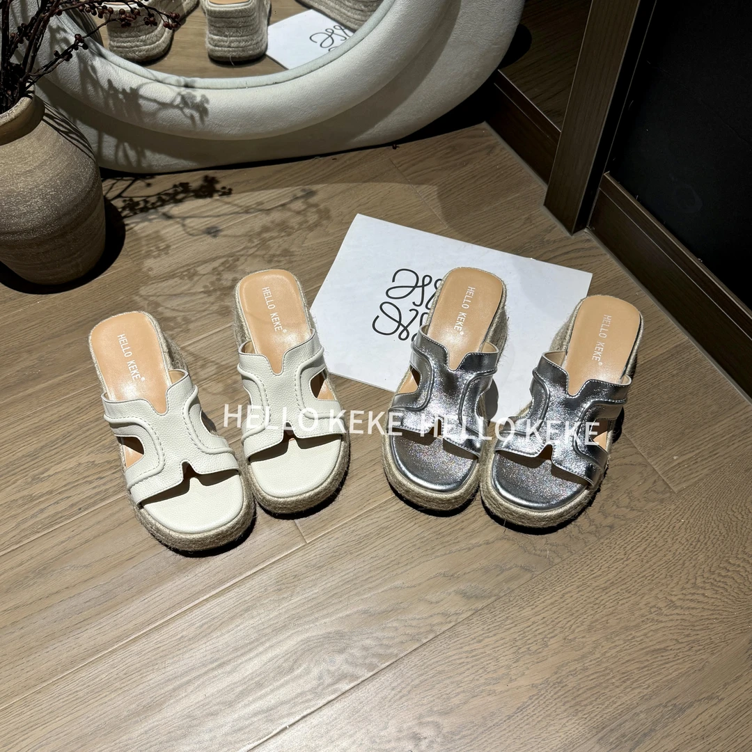 KeKe【度假】7cm跟 小个子定制超软草编厚底防滑凉拖休闲外穿凉拖鞋