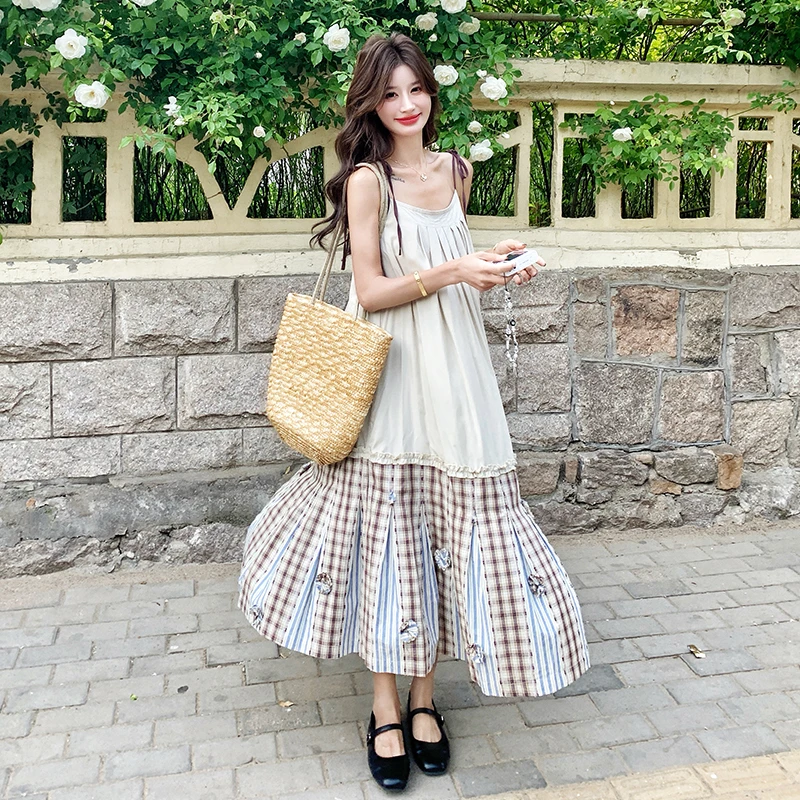 拼接显瘦夏季少女夏季米白色连衣裙日系吊带吊带裙高腰lolita学生