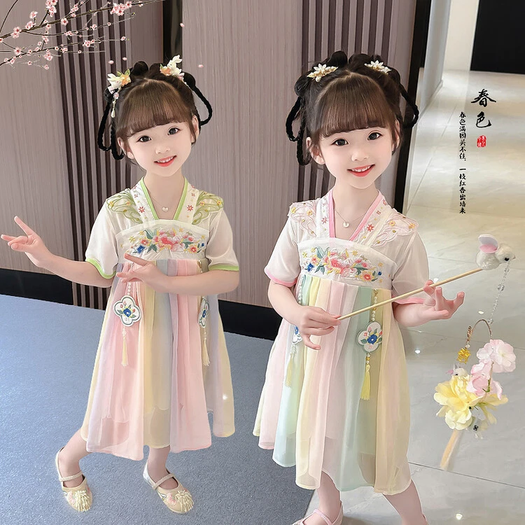 儿童汉服宝宝宫廷古典绣花女童中小童裙子薄款夏季小女孩古风衣服