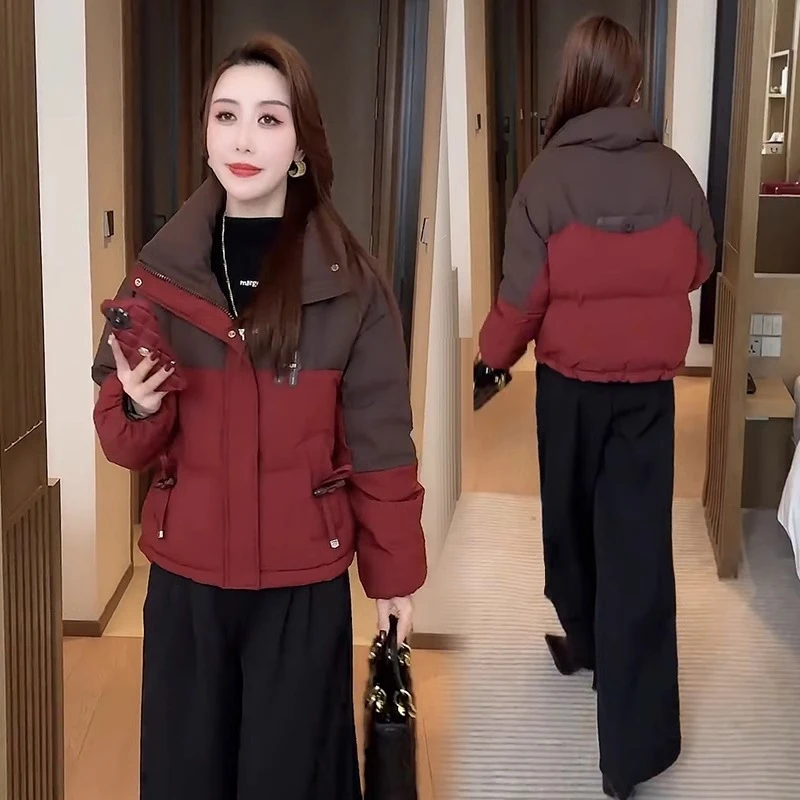 撞色短款棉服女2024冬季新款时尚洋气小个子加厚保暖棉袄外套