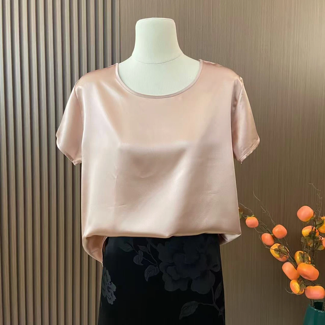 [粉色]百分百桑蚕丝重磅素绉缎短袖女士上衣