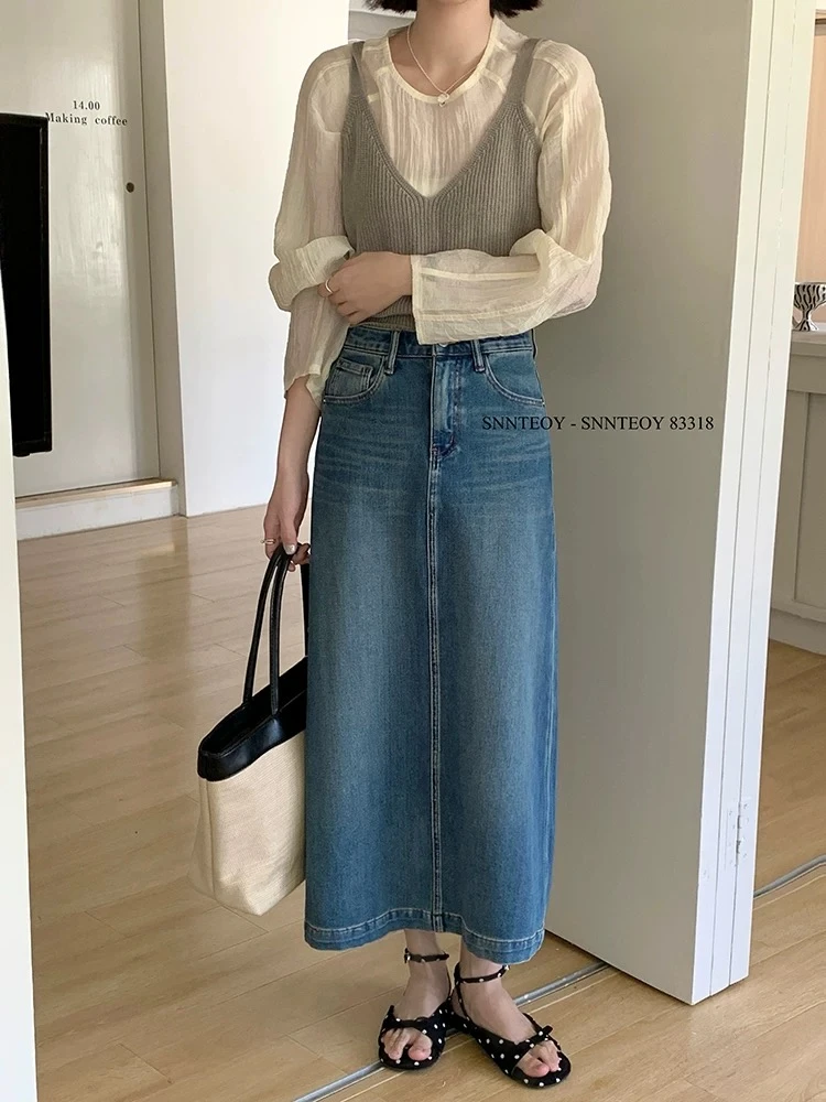 Taoxi【83318】代嘉儿牛仔裙女春夏新款中长款蓝色开叉A字半身裙