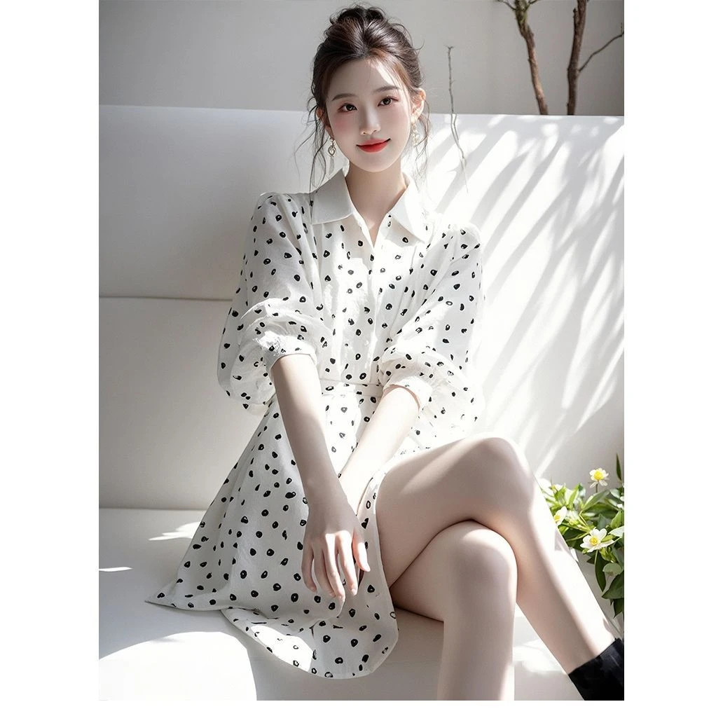 2025春夏新款纯色波点设计衬衫连衣裙时尚气质减龄超仙高级感裙子
