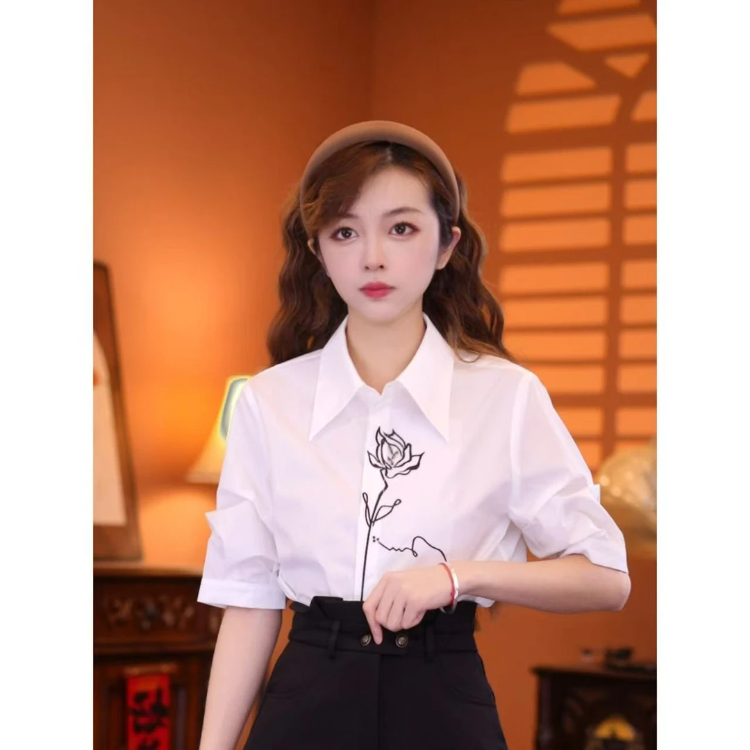 乐乐【馥白玫瑰】港味复古时尚气质短袖上衣02687