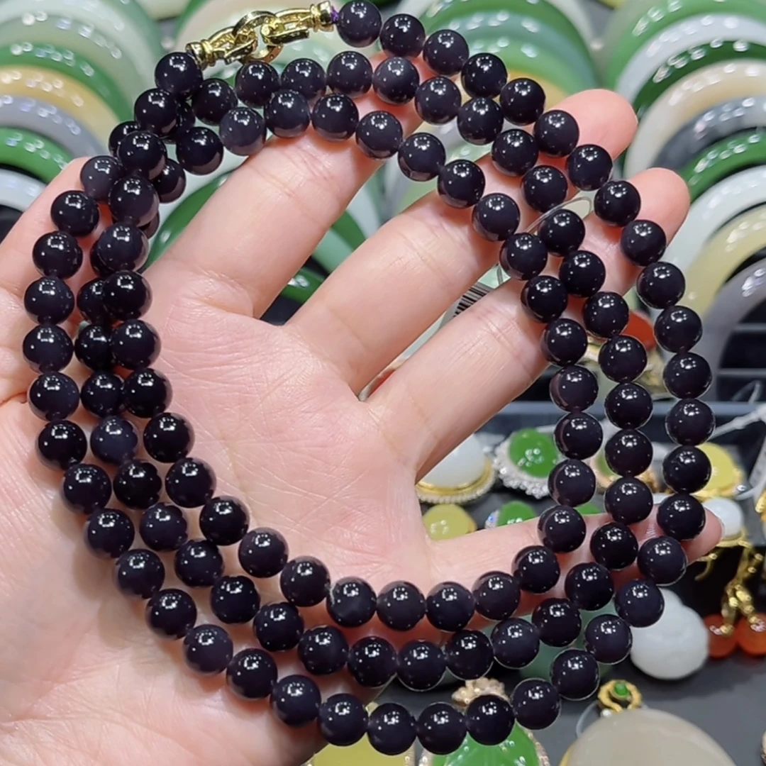 和田玉烟紫帝王紫项链多圈手串8mm