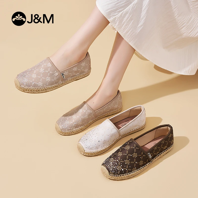 J&M/快乐玛丽2025新渔夫鞋女草编一脚蹬懒人鞋水钻平底单鞋05801W