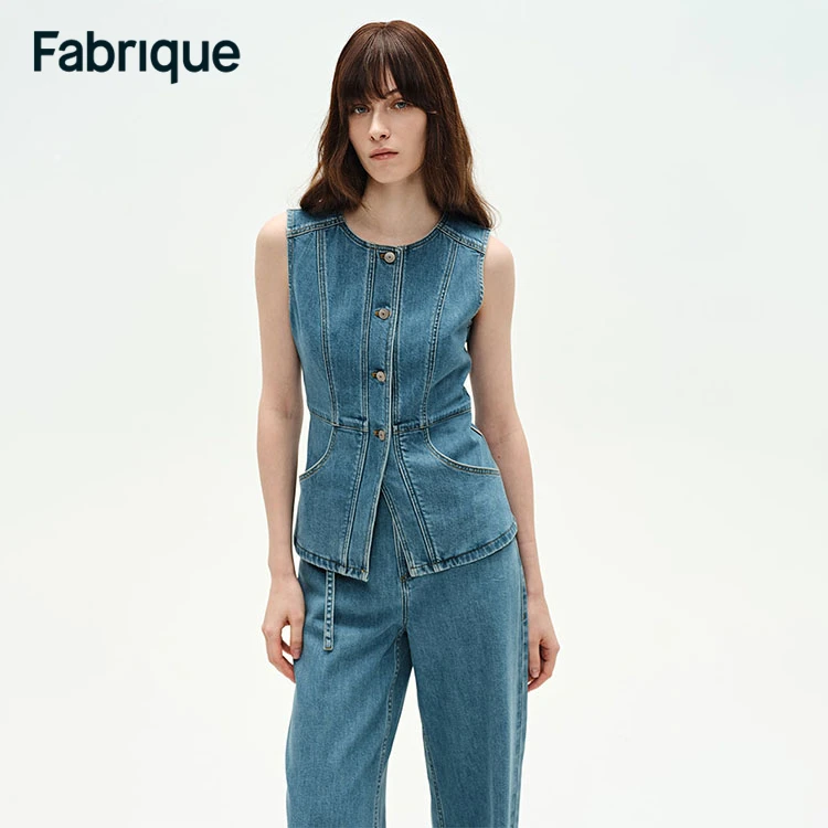 Fabrique Selena 春夏水洗靛蓝莱赛尔棉修身圆领无袖牛仔背心马甲