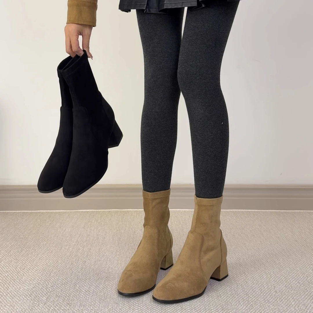 绒面弹力瘦瘦袜靴子女短靴春秋单靴粗跟冬季加绒棉靴短筒马丁靴