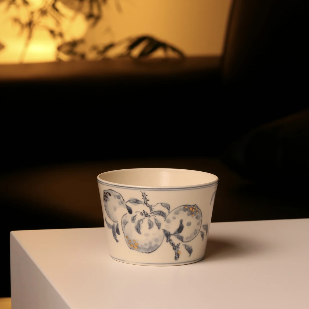 茗器山房 景德镇手绘青花桃子老陶泥枢府釉主人杯茶杯 100cc