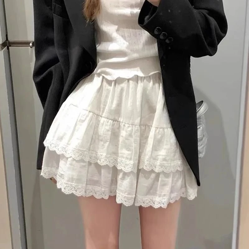 甜美白色蕾丝半身裙女春夏新款洋气减龄百搭高腰松紧A字蛋糕短裙