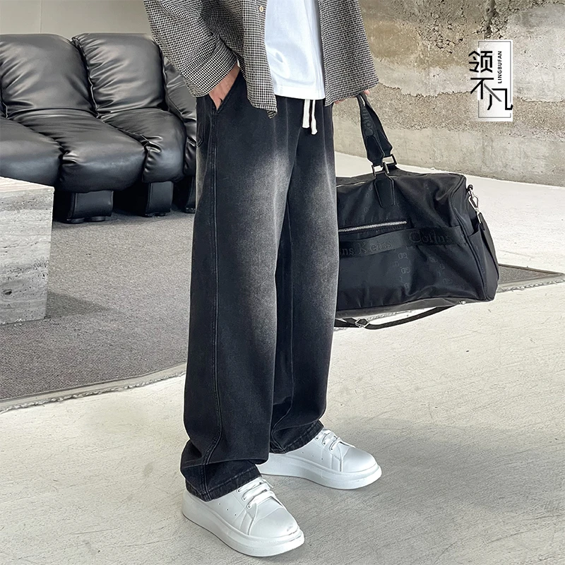 宽松直筒软牛仔裤男生秋冬加绒潮流阔腿显瘦百搭美式爆款休闲裤子