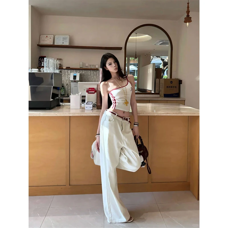 2025年夏季新款ins美式辣妹纯欲风单肩吊带上衣配高腰直筒阔腿裤