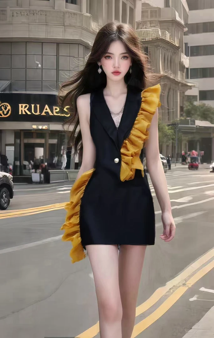 夏季新款2025轻奢优雅高级V领拼接设计收腰连衣裙女显瘦时髦高级