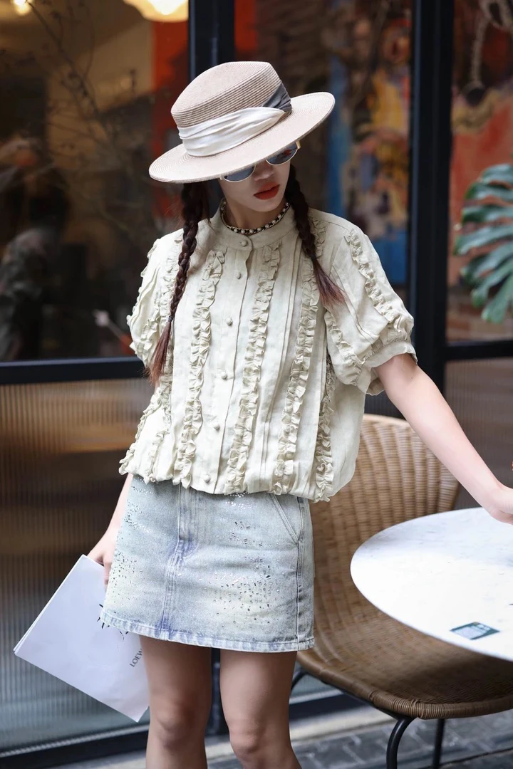 【BAI】新款时尚百搭宽松显瘦木耳边衬衫女25640