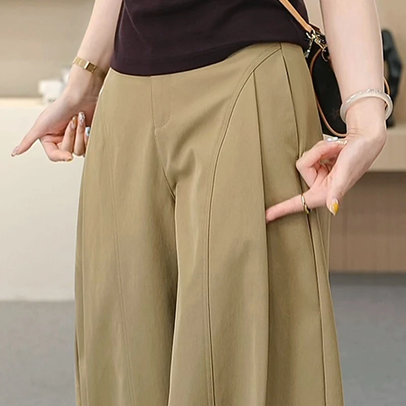 拉夏贝尔卡其色弯刀裤西装阔腿裤女秋季2025新款高腰慵懒贝斯裤子