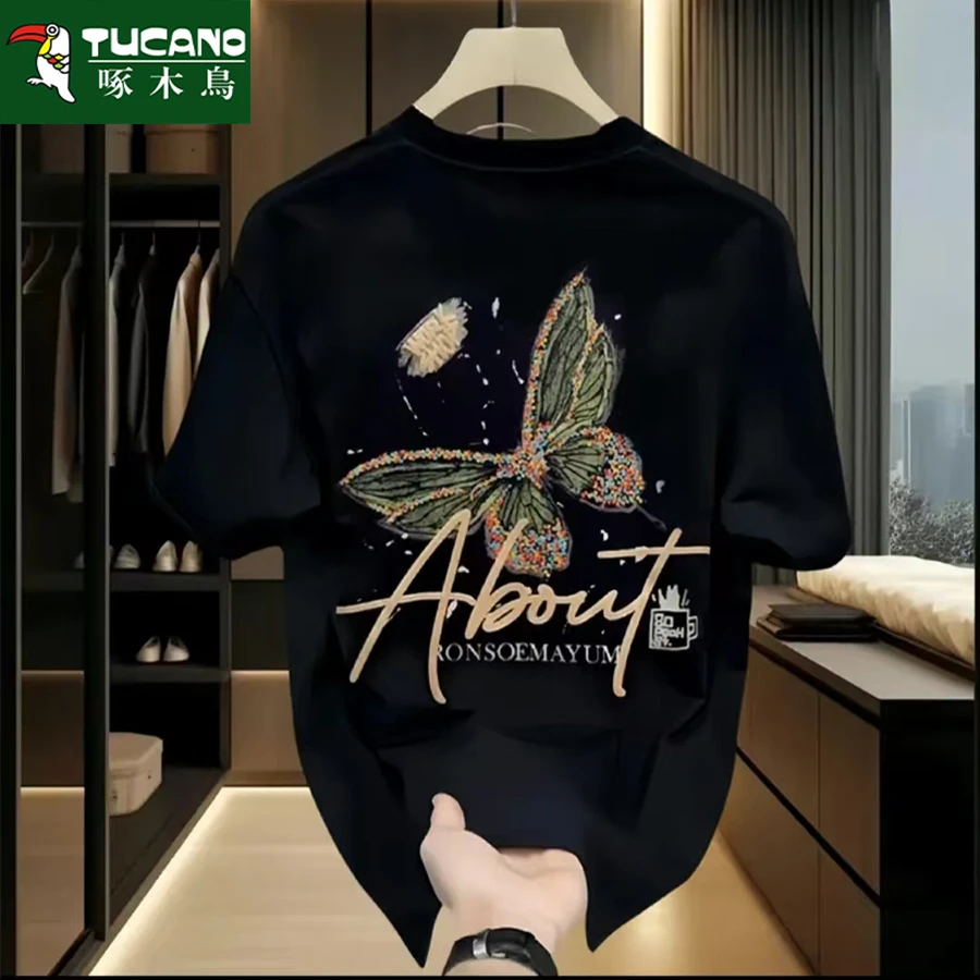 啄木鸟时尚重磅纯棉百搭短袖男装高端休闲t恤山水印花学生ins潮牌