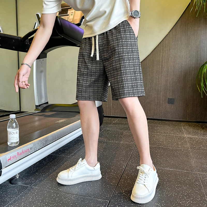 韩系千鸟格休闲短裤男士高端潮流痞帅抽绳运动五分裤百搭男大裤衩