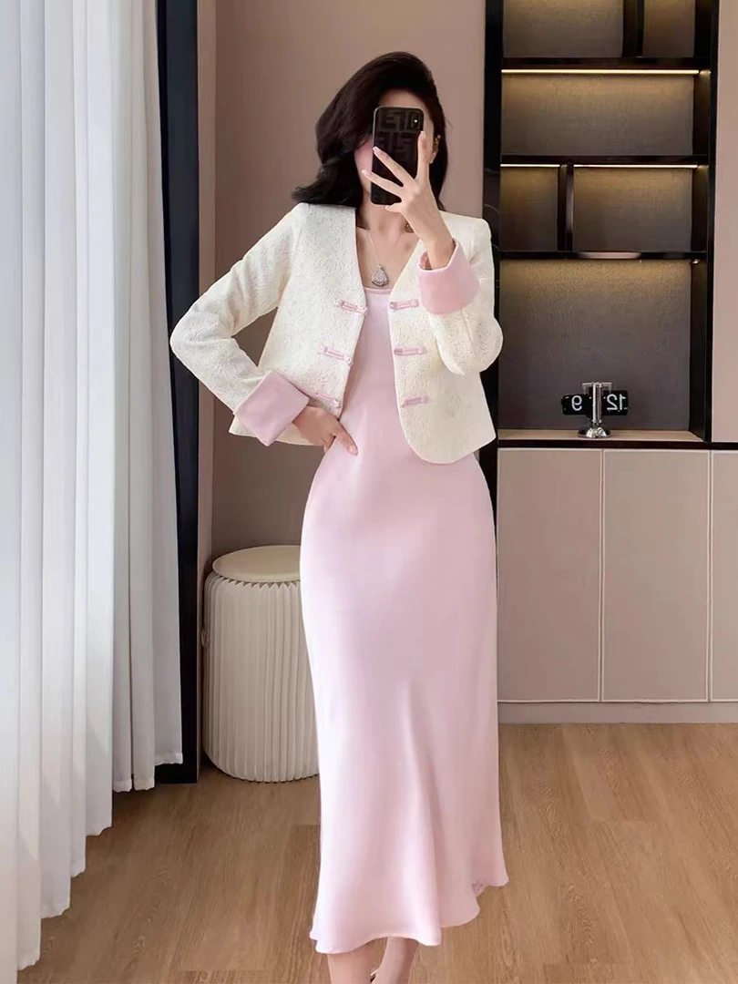 燕妮雅姿秋季外搭新中式国风V领盘扣外套打底吊带两件套T159