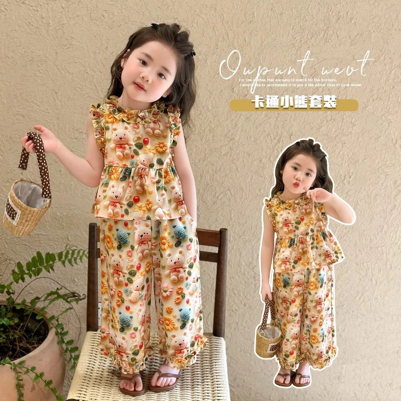 女童套装卡通韩版中小童女童时尚洋气可爱夏季新款套装休闲碎花