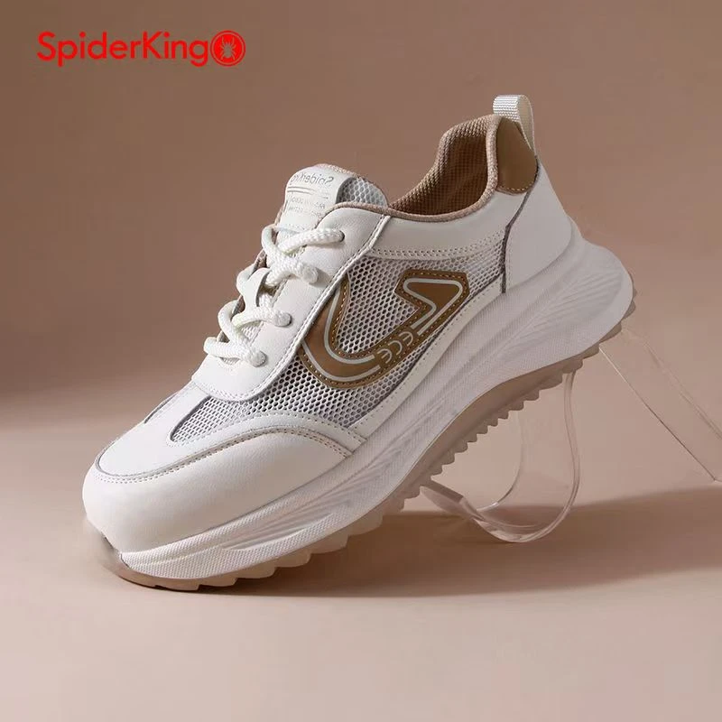 蜘蛛王休闲鞋女2025夏季网面透气户外鞋真皮轻便软底舒适休闲单鞋