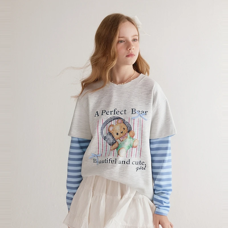 笛莎女童长袖T恤秋季新款儿童女孩假两件圆领上衣韩版-8M2530601