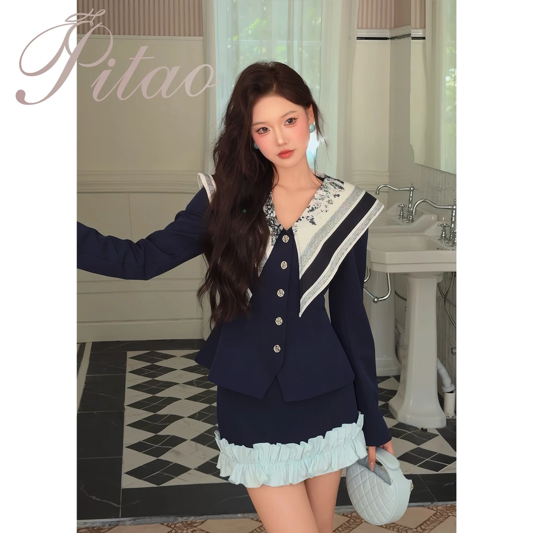 杜屁屁桃PITAO 原创【曼特学院3.0】秋季女轻奢时尚翻领拼接上衣