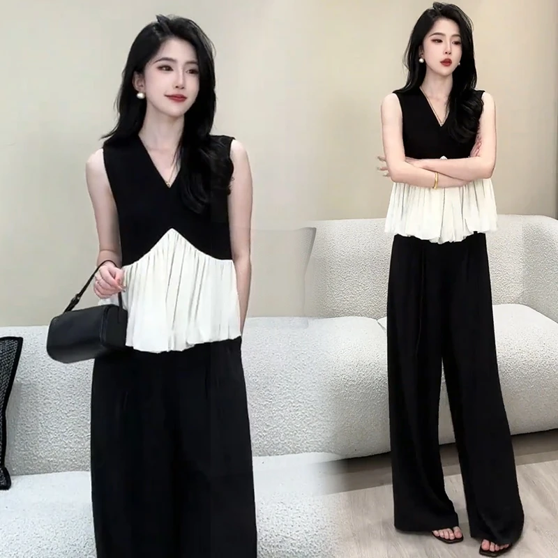 时尚洋气套装女2025夏季新款气质显瘦拼接无袖上衣阔腿裤两件套潮