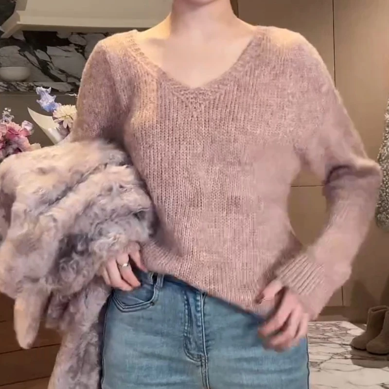 “桃运连连”美丽时尚洋气宽松V领针织上衣LK2507823