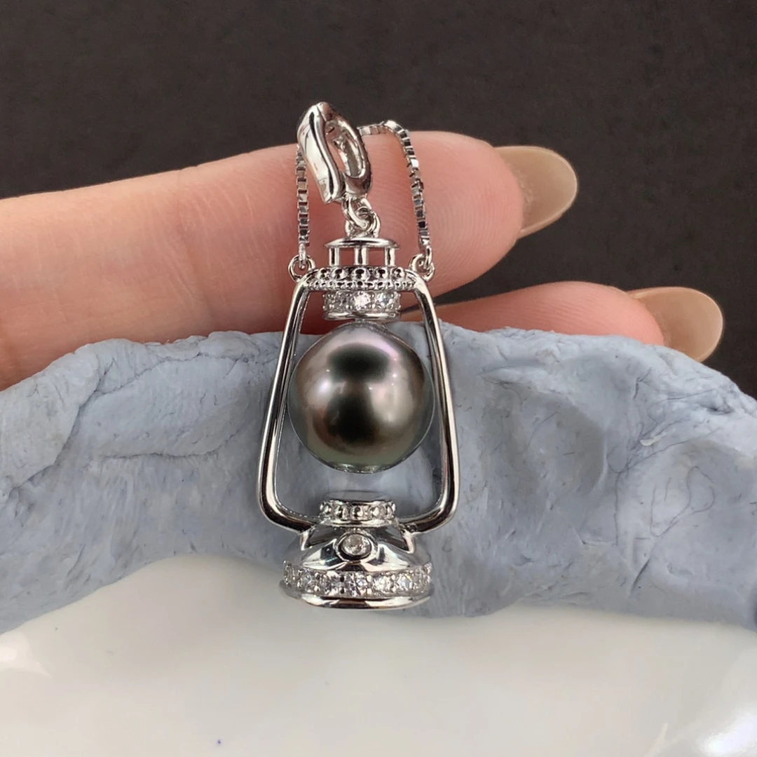 定制海水珍珠银S925镶嵌吊坠(不含链)大溪地9-10mm无暇小盏灯