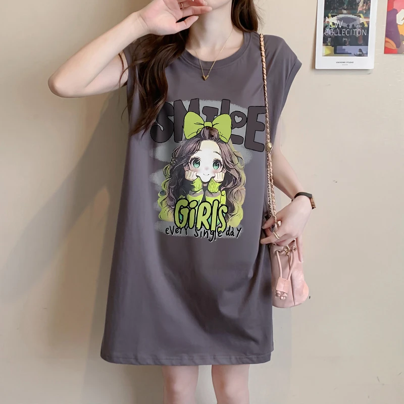 多巴胺卡通女孩印花无袖T恤裙夏季宽松洋气百搭中长款坎肩背心裙
