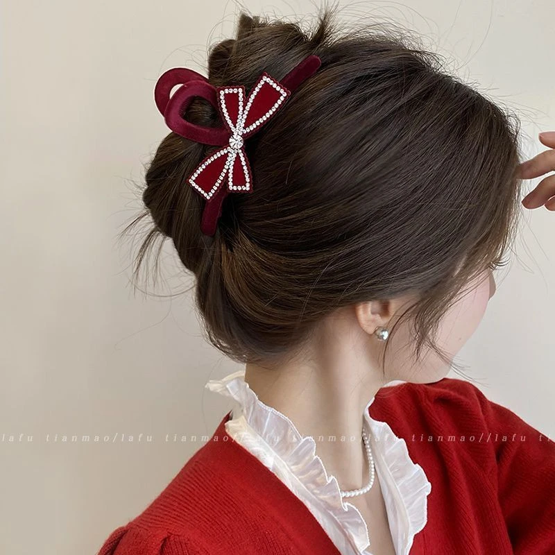 高级感植绒蝴蝶结水钻大号抓夹新年红色喜庆后脑勺盘发鲨鱼夹发饰