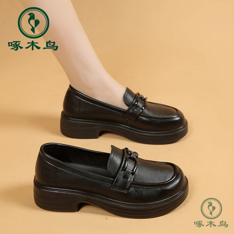 啄木鸟乐福鞋女鞋春季休闲百搭黑色软底复古厚底时尚圆头A88精选