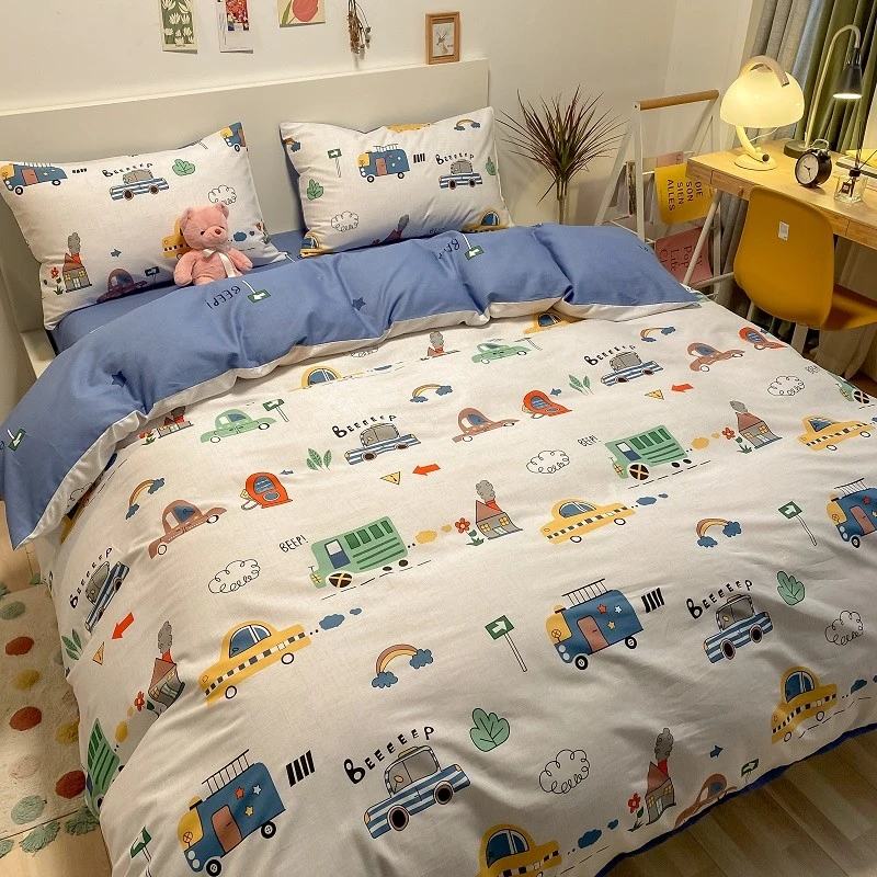 水星家纺适用美浓儿童纯棉四件式全棉夏季卡通小汽车男孩100宿舍1