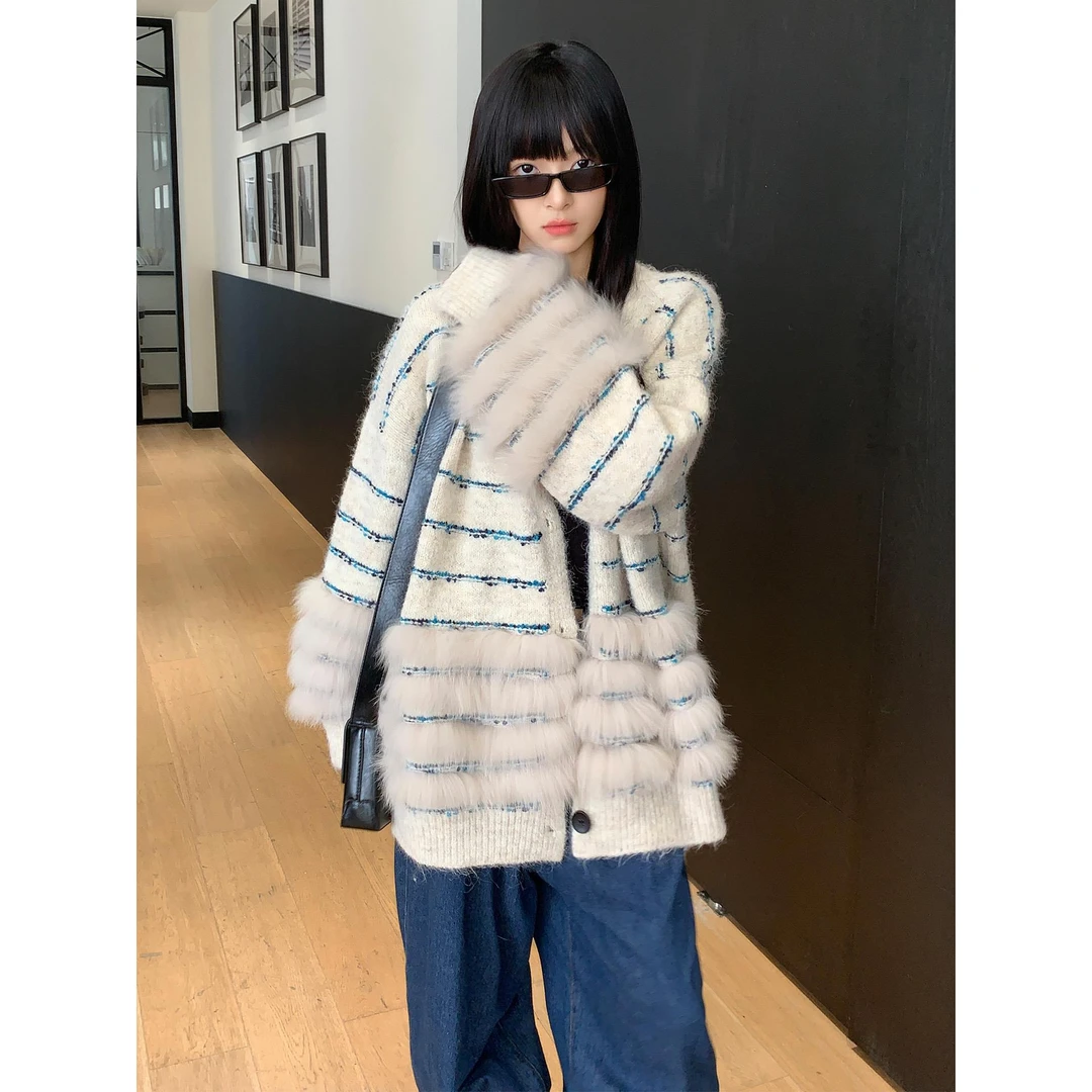 秋冬高级感慵懒风亮丝条纹韩系中长宽松显瘦毛衣慵懒风外套女休闲