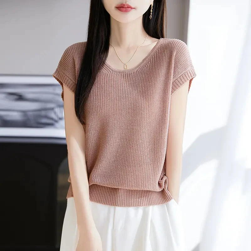 春夏新款镂空亚麻针织衫短袖女2025新款宽松慵懒圆领天丝上衣T恤