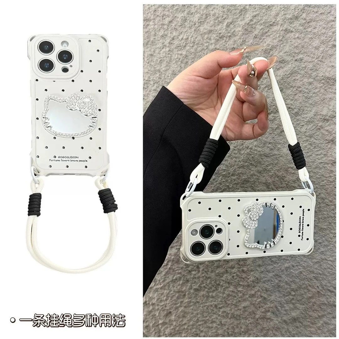 适用波点kitty镜子苹果16pro四角挂绳手机壳华为oppovivo小米软