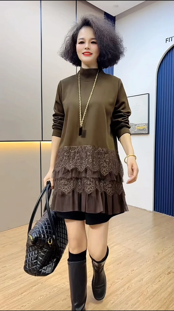 韩系蕾丝拼接加绒加厚连衣裙女（卡码拍大）