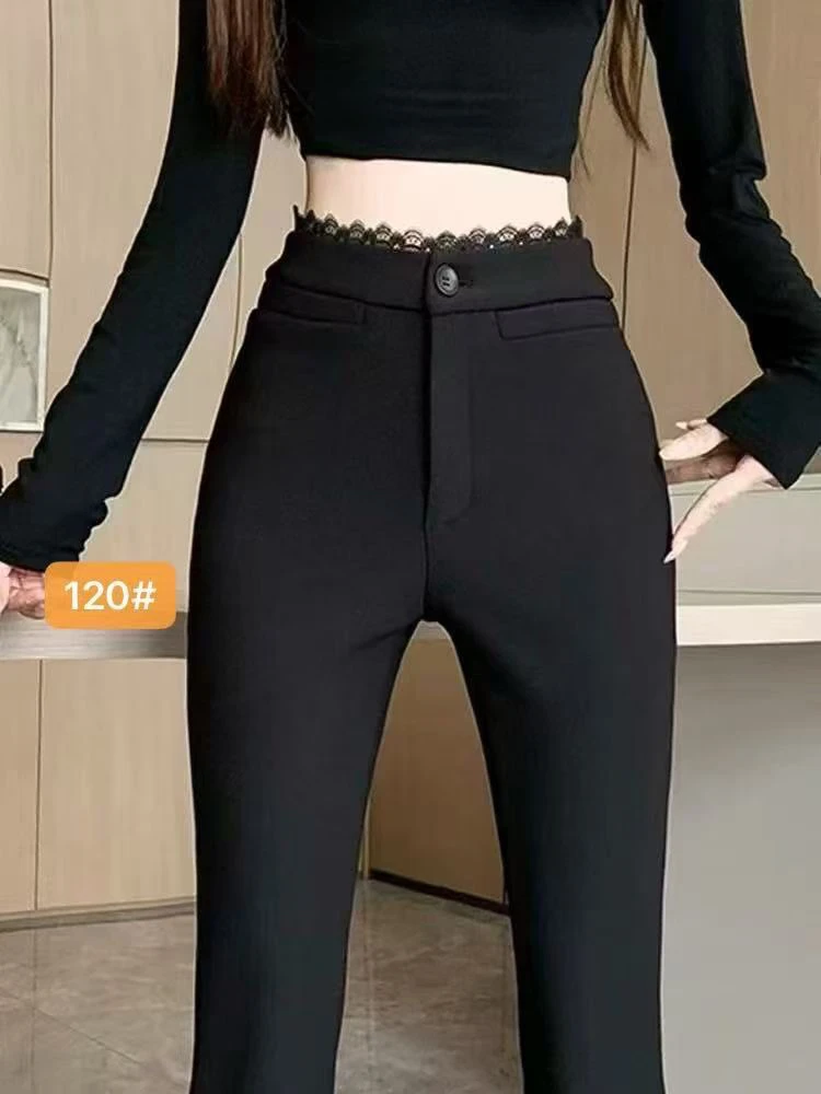 春款黑色微喇西装裤设计感蕾丝拼接弹力修身显瘦显腿长