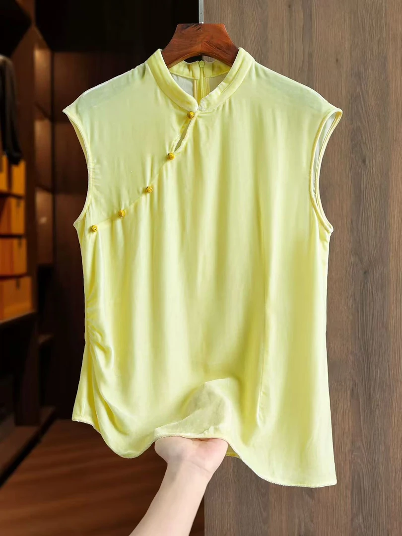 新中式斜门襟扣真丝丝绒衬衫