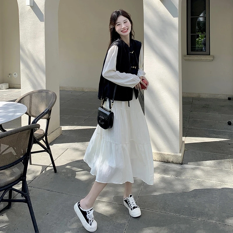 一整套ootd穿搭高级感时尚遮肉小个子设计感连衣裙马甲两件套装秋